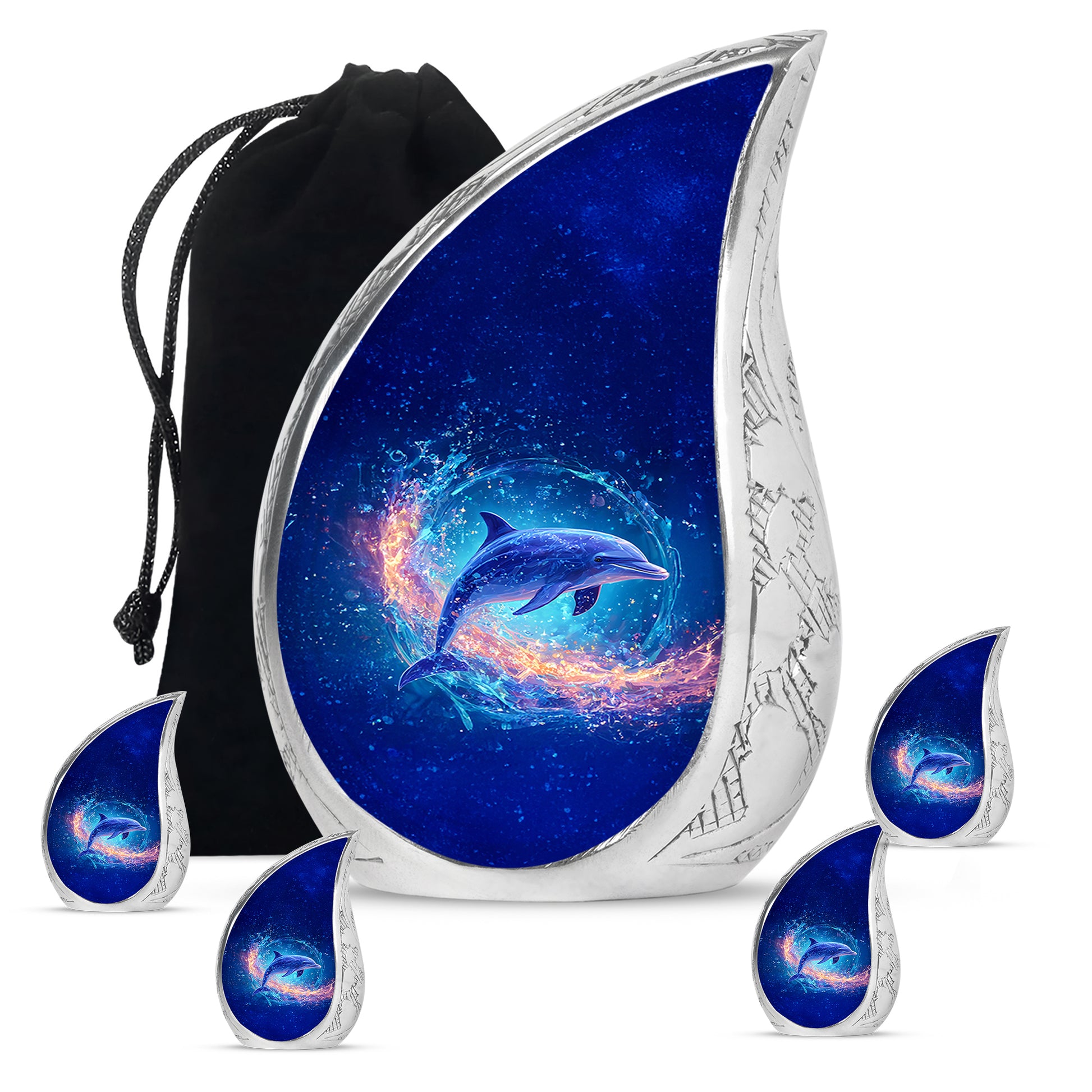 Sky Blue Dolphin Cremation Urn side profile showing urn shape - rounded teardrop dolphin design with delicate detail - memorial set with one large and four small urns