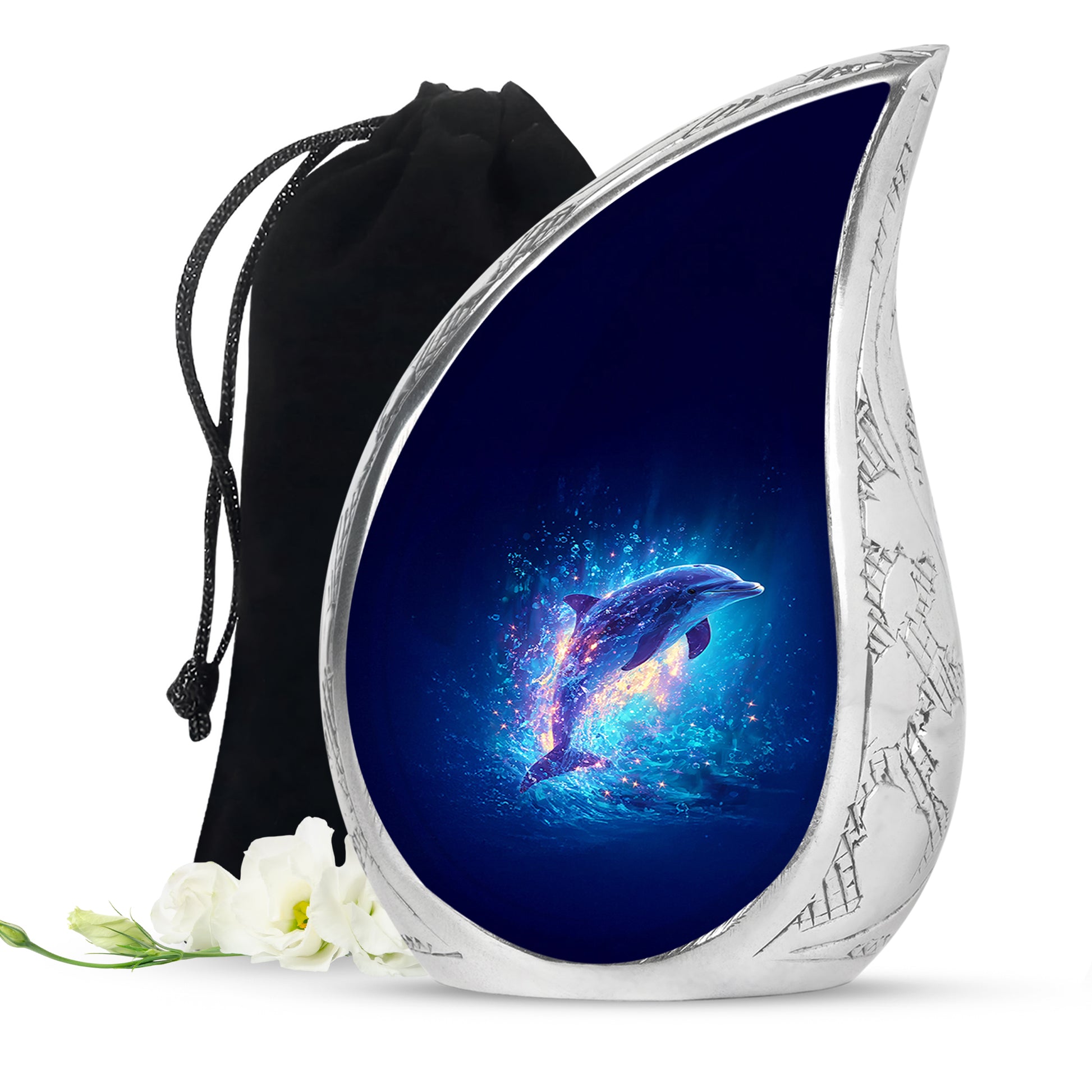 Serene Blue Dolphin Cremation Urn front view showing detailed design - graceful tear-shaped urn with dolphin motif - full-size 10 inch 200 cubic inch adult cremation urn