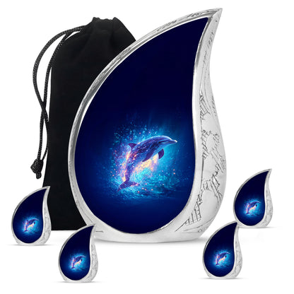 Celestial Blue Dolphin Cremation Urn side profile showing urn shape - rounded teardrop dolphin design with delicate detail - memorial set with one large and four small urns