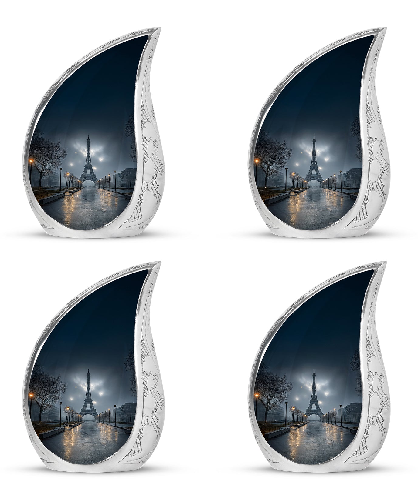 Celestial Blue Eiffel Tower Cremation Urn close-up of engraving and surface detail - flowing teardrop eiffel tower silhouette on curved aluminum - 10 inch aluminum urn for cremated remains
