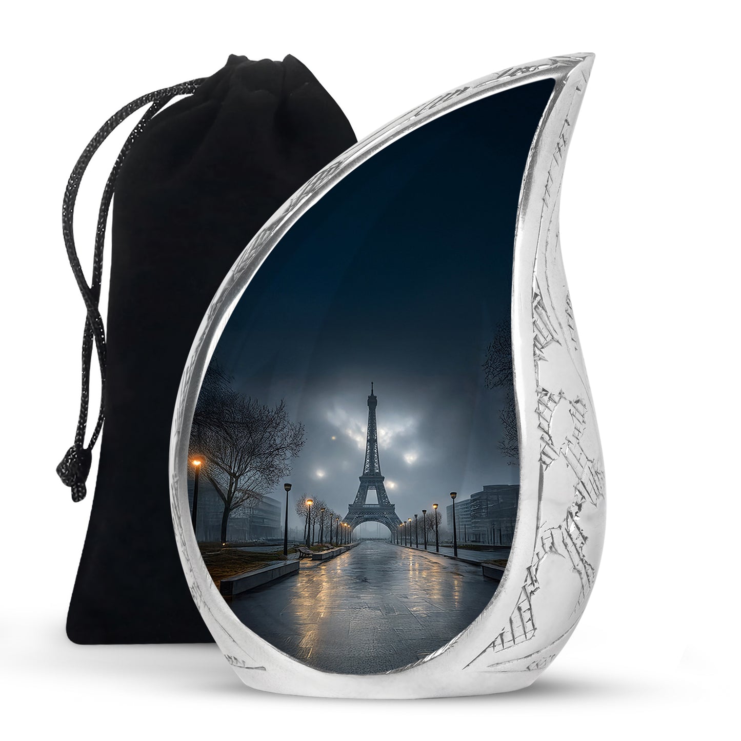 Sapphire Blue Eiffel Tower Cremation Urn front view showing detailed design - graceful tear-shaped urn with eiffel tower motif - full-size 10 inch 200 cubic inch adult cremation urn