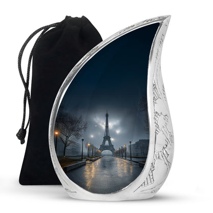 Sapphire Blue Eiffel Tower Cremation Urn front view showing detailed design - graceful tear-shaped urn with eiffel tower motif - full-size 10 inch 200 cubic inch adult cremation urn