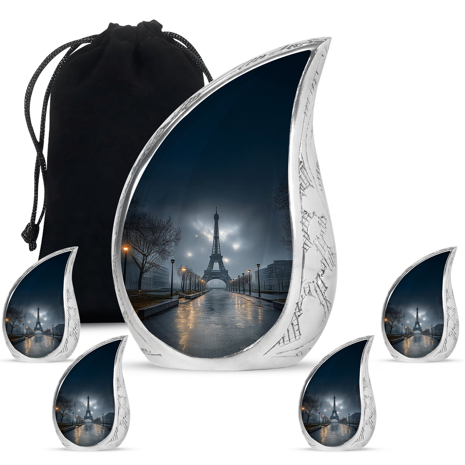 Sky Blue Eiffel Tower Cremation Urn side profile showing urn shape - flowing teardrop eiffel tower silhouette on curved aluminum - memorial set with one large and four small urns