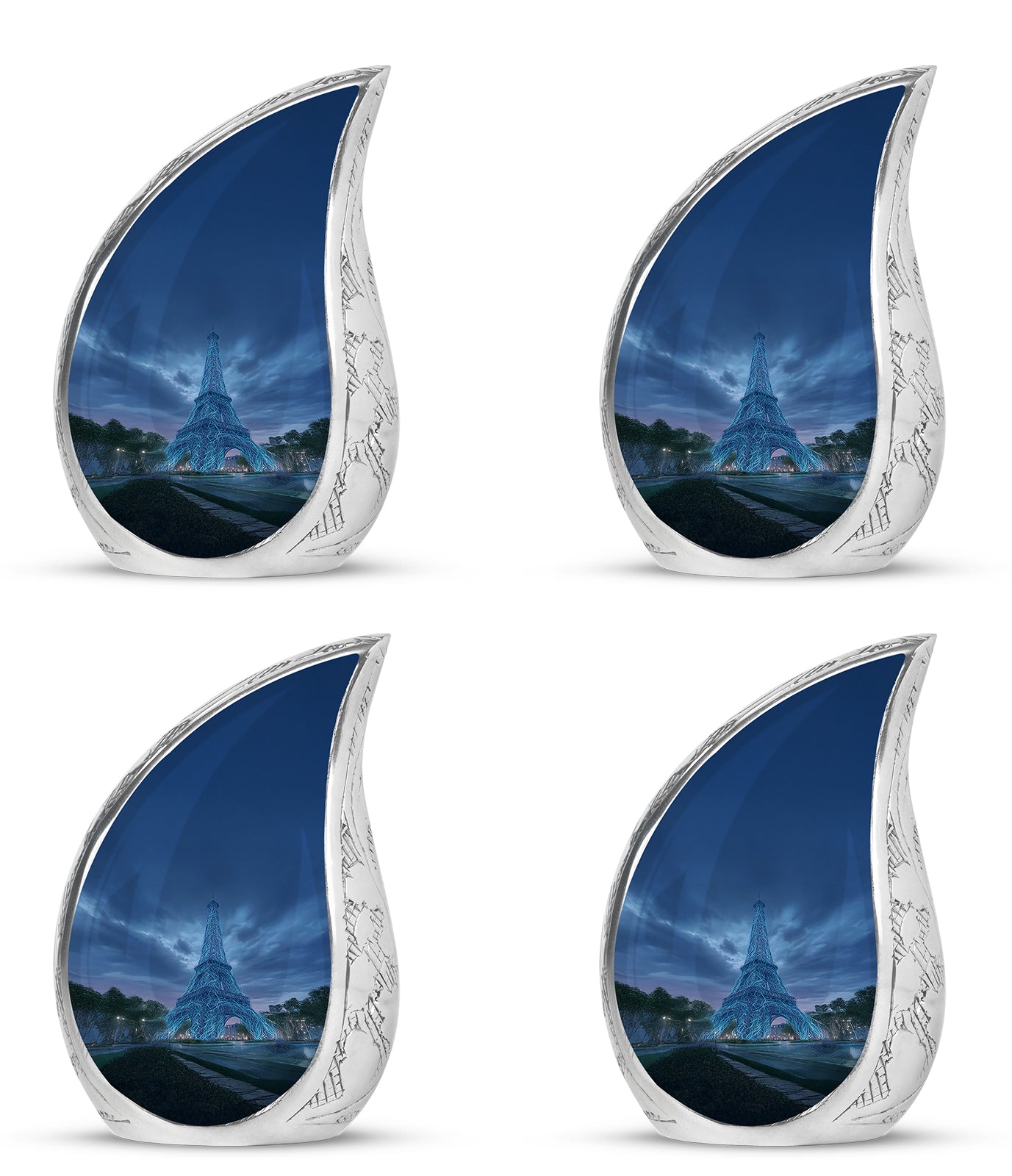 Celestial Blue Eiffel Tower Cremation Urn close-up of engraving and surface detail - rounded teardrop eiffel tower design with delicate detail - 10 inch aluminum urn for cremated remains
