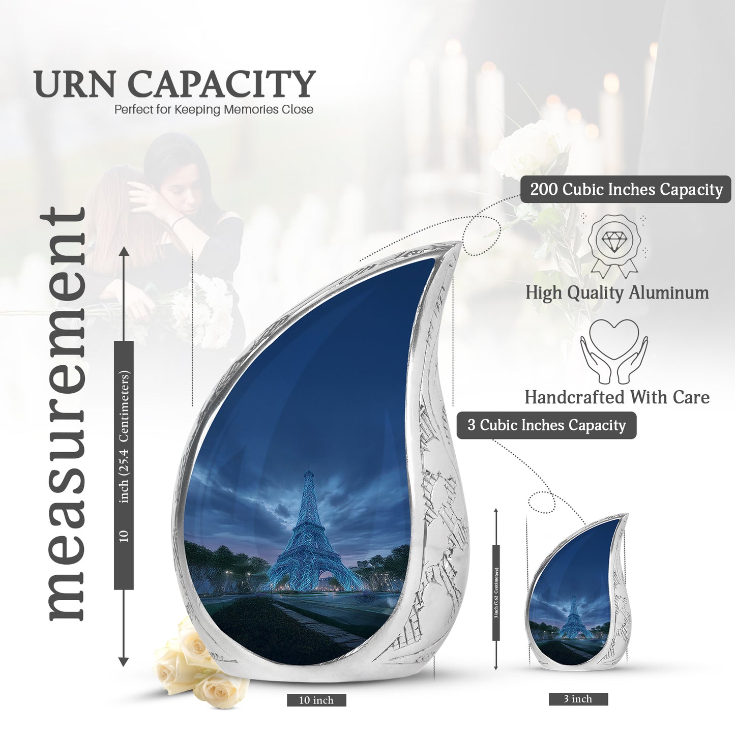 Slate Blue Eiffel Tower Cremation Urn angled view of lid and engraved motif - rounded teardrop eiffel tower design with delicate detail - mini keepsake memorial for portion of cremation ashes