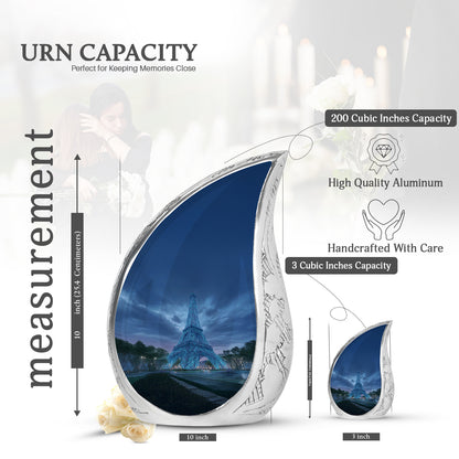 Slate Blue Eiffel Tower Cremation Urn angled view of lid and engraved motif - rounded teardrop eiffel tower design with delicate detail - mini keepsake memorial for portion of cremation ashes