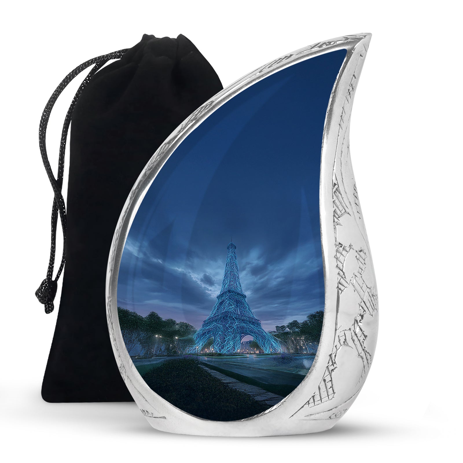 Bright Blue Eiffel Tower Cremation Urn front view showing detailed design - smooth teardrop contour featuring eiffel tower art - full-size 10 inch 200 cubic inch adult cremation urn