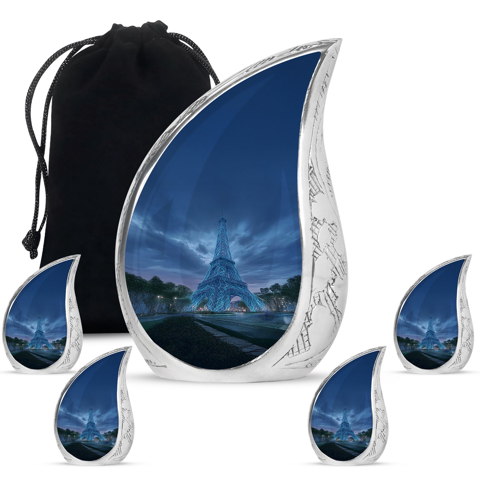 Slate Blue Eiffel Tower Cremation Urn side profile showing urn shape - rounded teardrop eiffel tower design with delicate detail - memorial set with one large and four small urns
