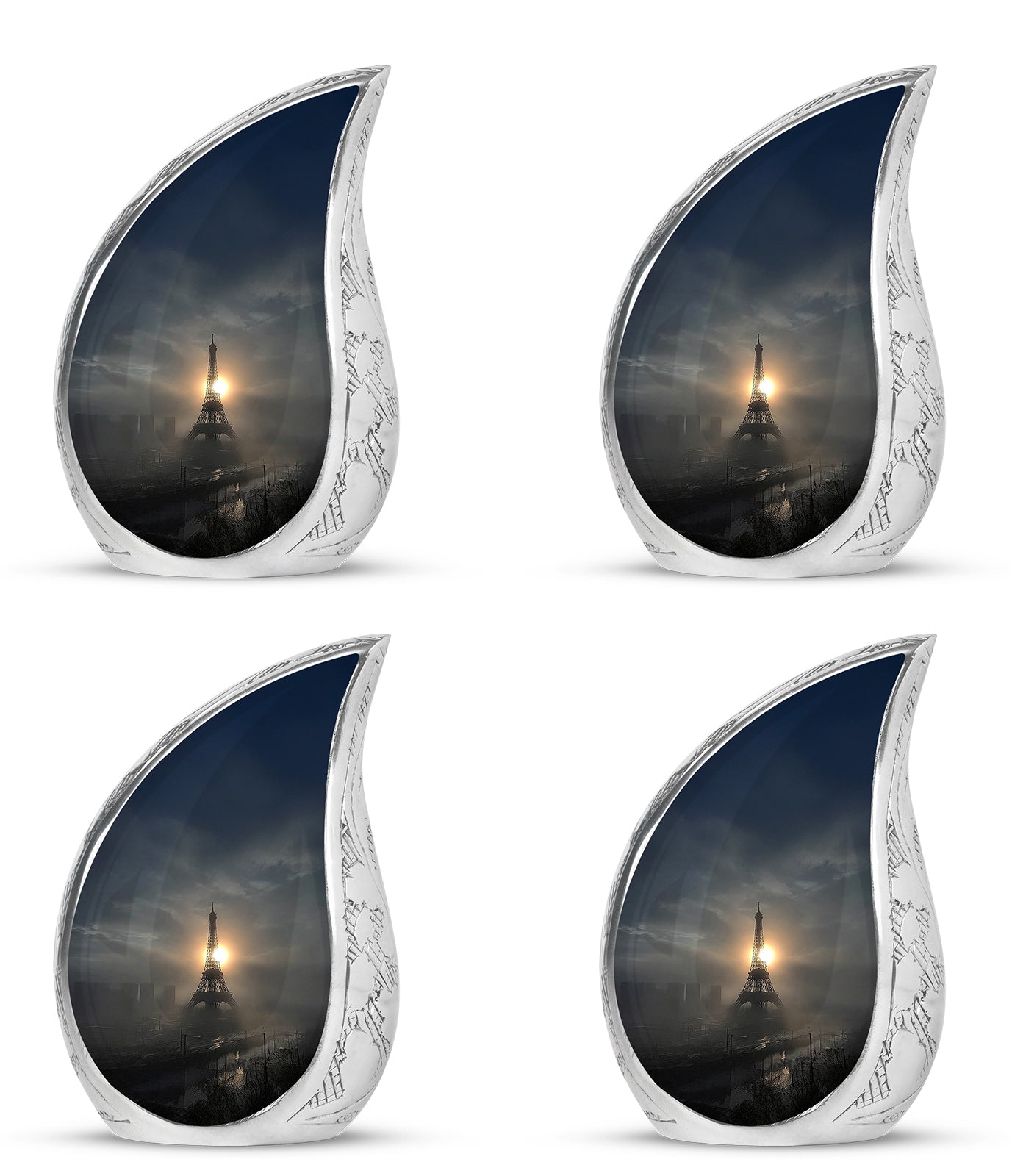 Deep Black Eiffel Tower Cremation Urn close-up of engraving and surface detail - rounded teardrop eiffel tower design with delicate detail - 10 inch aluminum urn for cremated remains