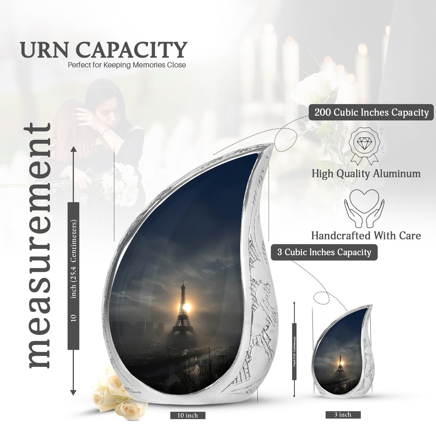Ebony Eiffel Tower Cremation Urn angled view of lid and engraved motif - flowing teardrop eiffel tower silhouette on curved aluminum - mini keepsake memorial for portion of cremation ashes