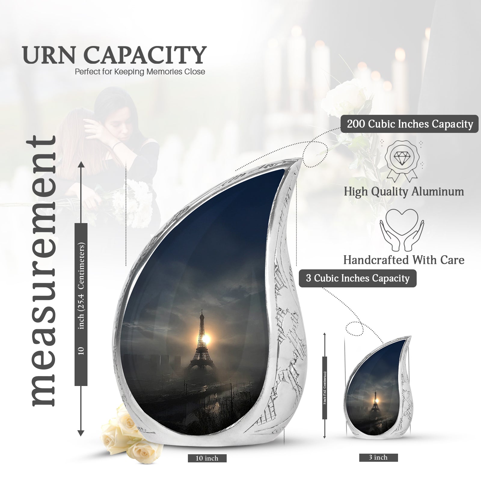 Ebony Eiffel Tower Cremation Urn angled view of lid and engraved motif - flowing teardrop eiffel tower silhouette on curved aluminum - mini keepsake memorial for portion of cremation ashes