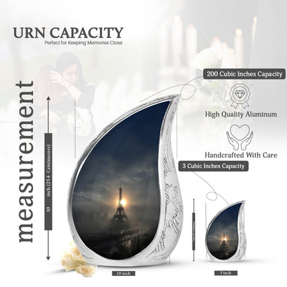 Ebony Eiffel Tower Cremation Urn angled view of lid and engraved motif - flowing teardrop eiffel tower silhouette on curved aluminum - mini keepsake memorial for portion of cremation ashes