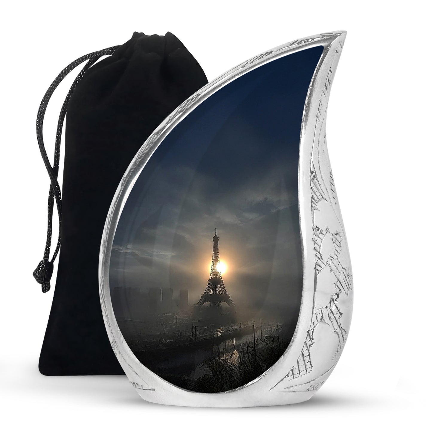Ebony Eiffel Tower Cremation Urn front view showing detailed design - rounded teardrop eiffel tower design with delicate detail - full-size 10 inch 200 cubic inch adult cremation urn