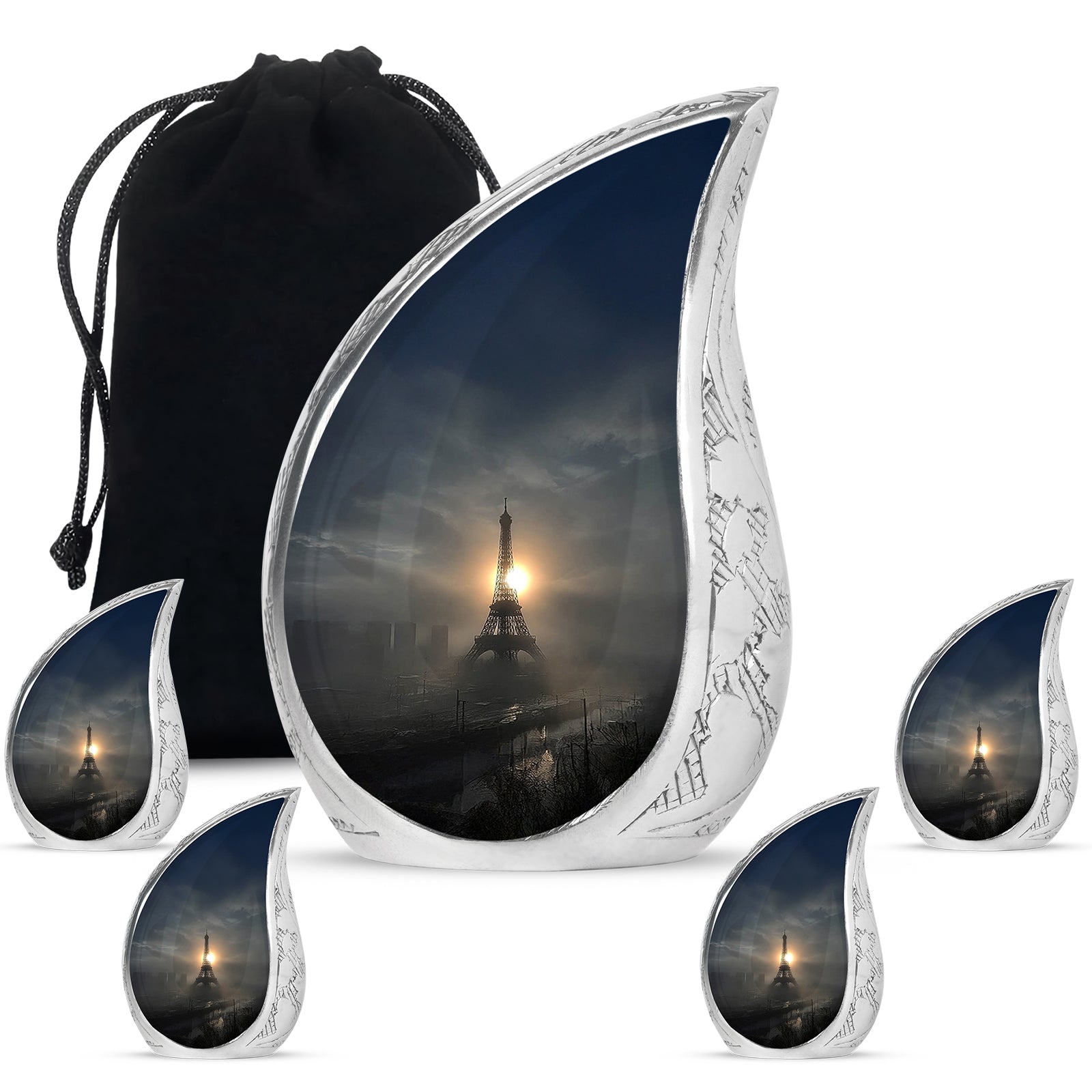 Jet Black Eiffel Tower Cremation Urn side profile showing urn shape - rounded teardrop eiffel tower design with delicate detail - memorial set with one large and four small urns