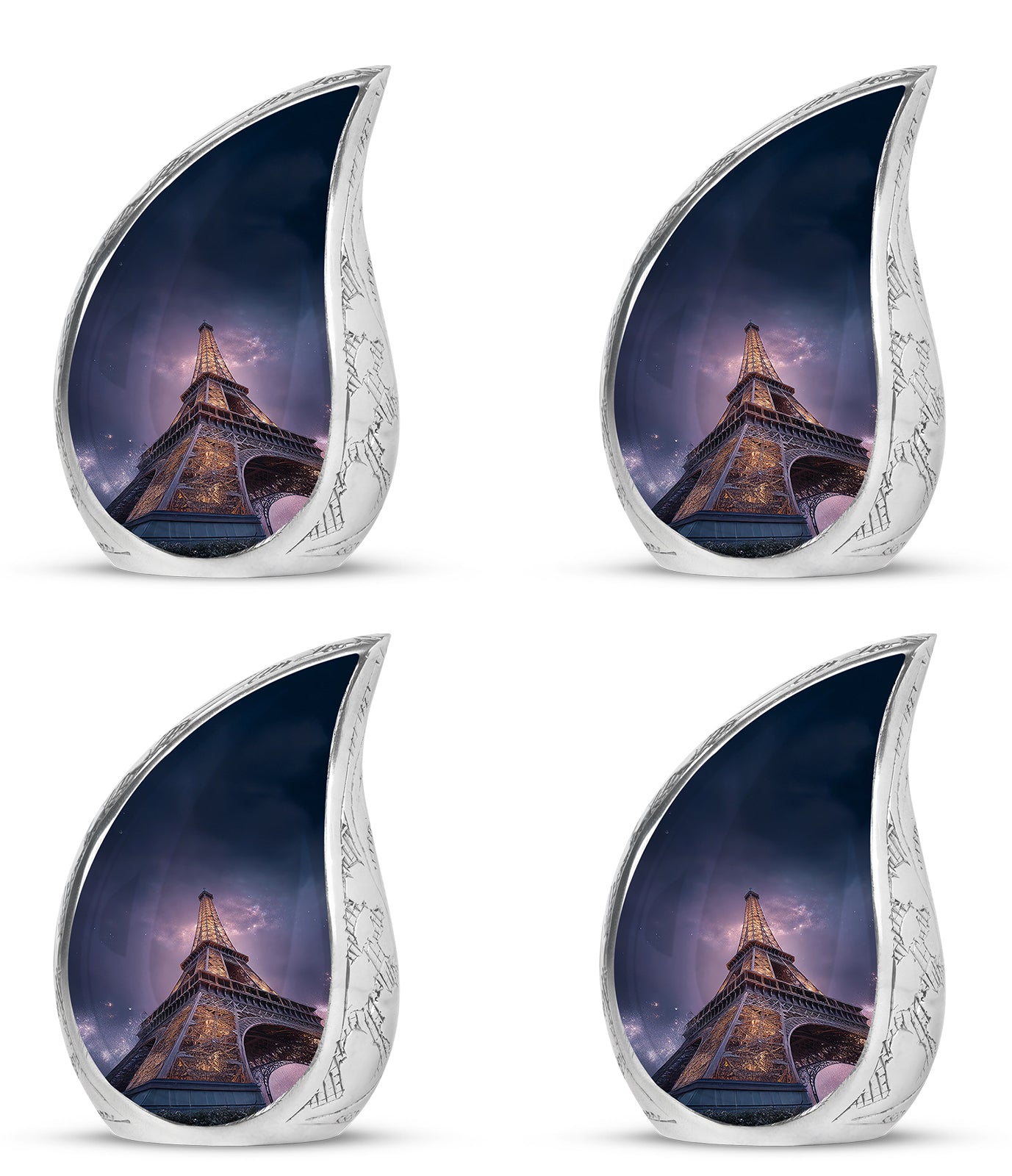 Azure Eiffel Tower Cremation Urn close-up of engraving and surface detail - flowing teardrop eiffel tower silhouette on curved aluminum - 10 inch aluminum urn for cremated remains