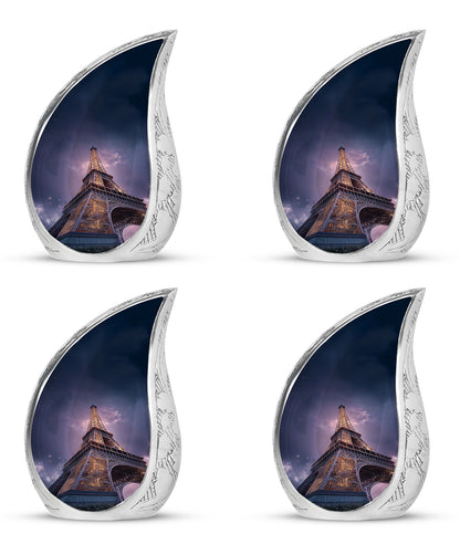 Azure Eiffel Tower Cremation Urn close-up of engraving and surface detail - flowing teardrop eiffel tower silhouette on curved aluminum - 10 inch aluminum urn for cremated remains