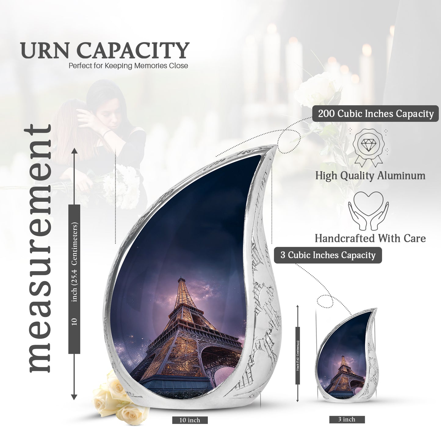 Pastel Blue Eiffel Tower Cremation Urn angled view of lid and engraved motif - rounded teardrop eiffel tower design with delicate detail - mini keepsake memorial for portion of cremation ashes