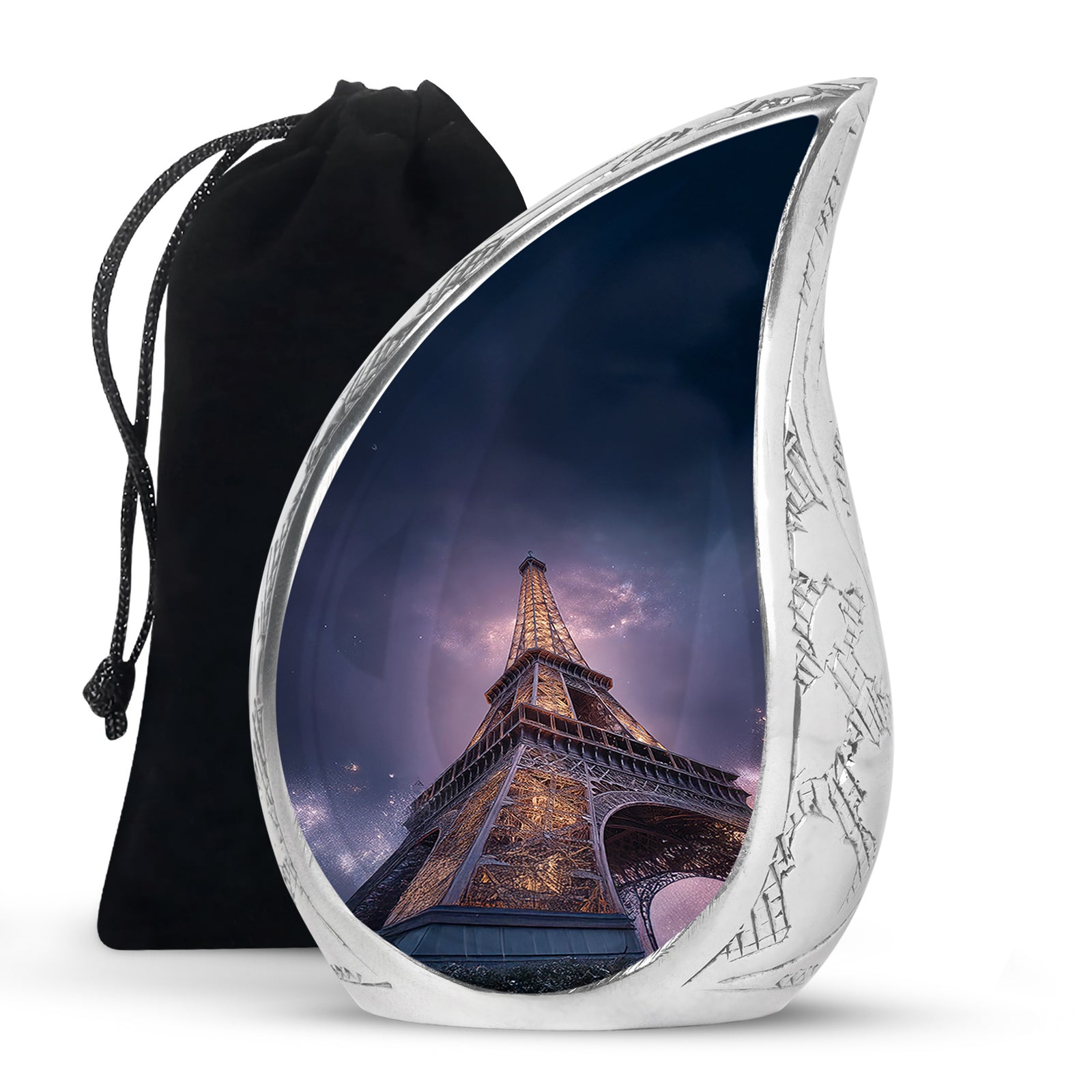 Sapphire Blue Eiffel Tower Cremation Urn front view showing detailed design - smooth teardrop contour featuring eiffel tower art - full-size 10 inch 200 cubic inch adult cremation urn