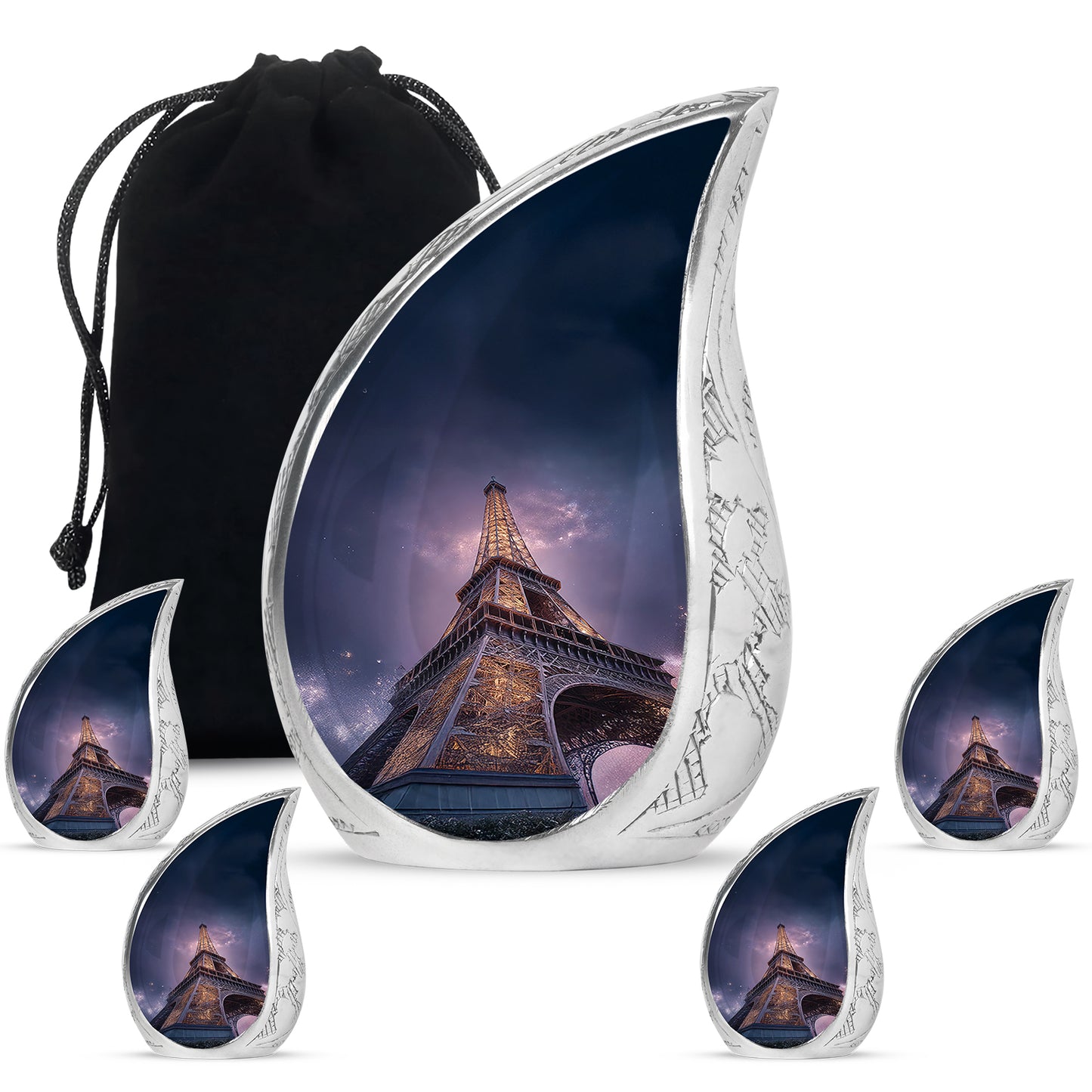 Celestial Blue Eiffel Tower Cremation Urn side profile showing urn shape - flowing teardrop eiffel tower silhouette on curved aluminum - memorial set with one large and four small urns