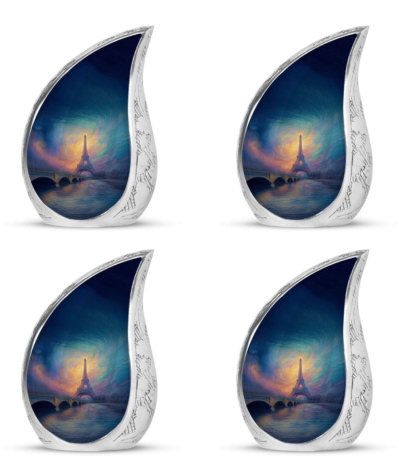 Cobalt Blue Eiffel Tower Cremation Urn close-up of engraving and surface detail - graceful tear-shaped urn with eiffel tower motif - 10 inch aluminum urn for cremated remains