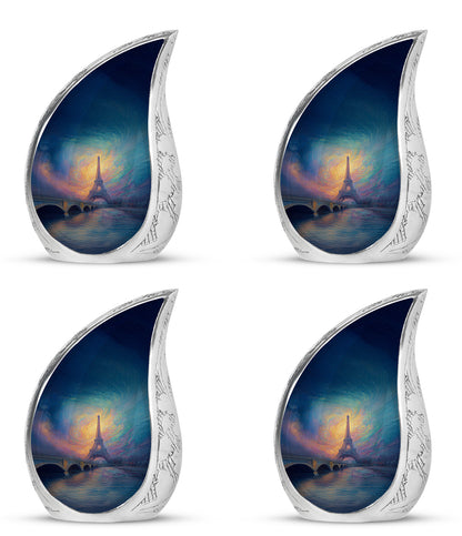 Cobalt Blue Eiffel Tower Cremation Urn close-up of engraving and surface detail - graceful tear-shaped urn with eiffel tower motif - 10 inch aluminum urn for cremated remains