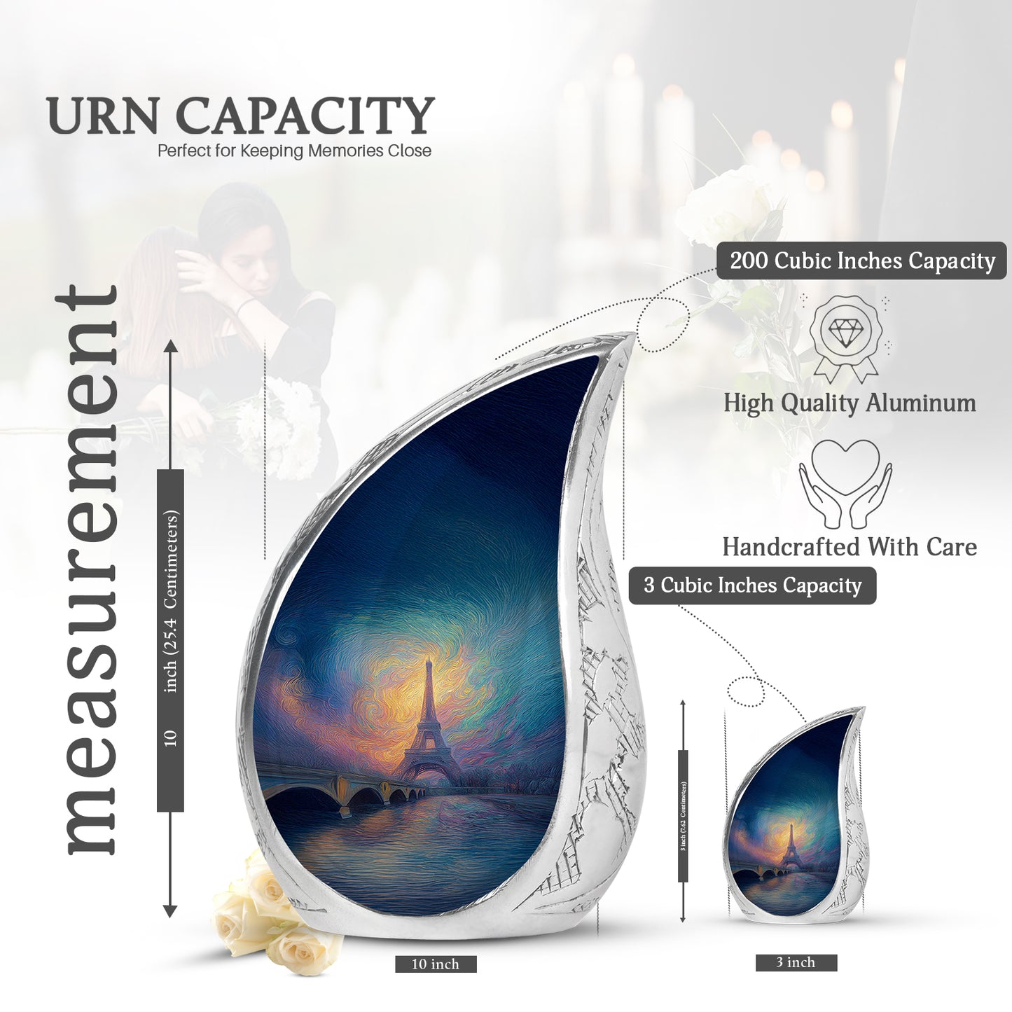 Pastel Blue Eiffel Tower Cremation Urn angled view of lid and engraved motif - rounded teardrop eiffel tower design with delicate detail - mini keepsake memorial for portion of cremation ashes