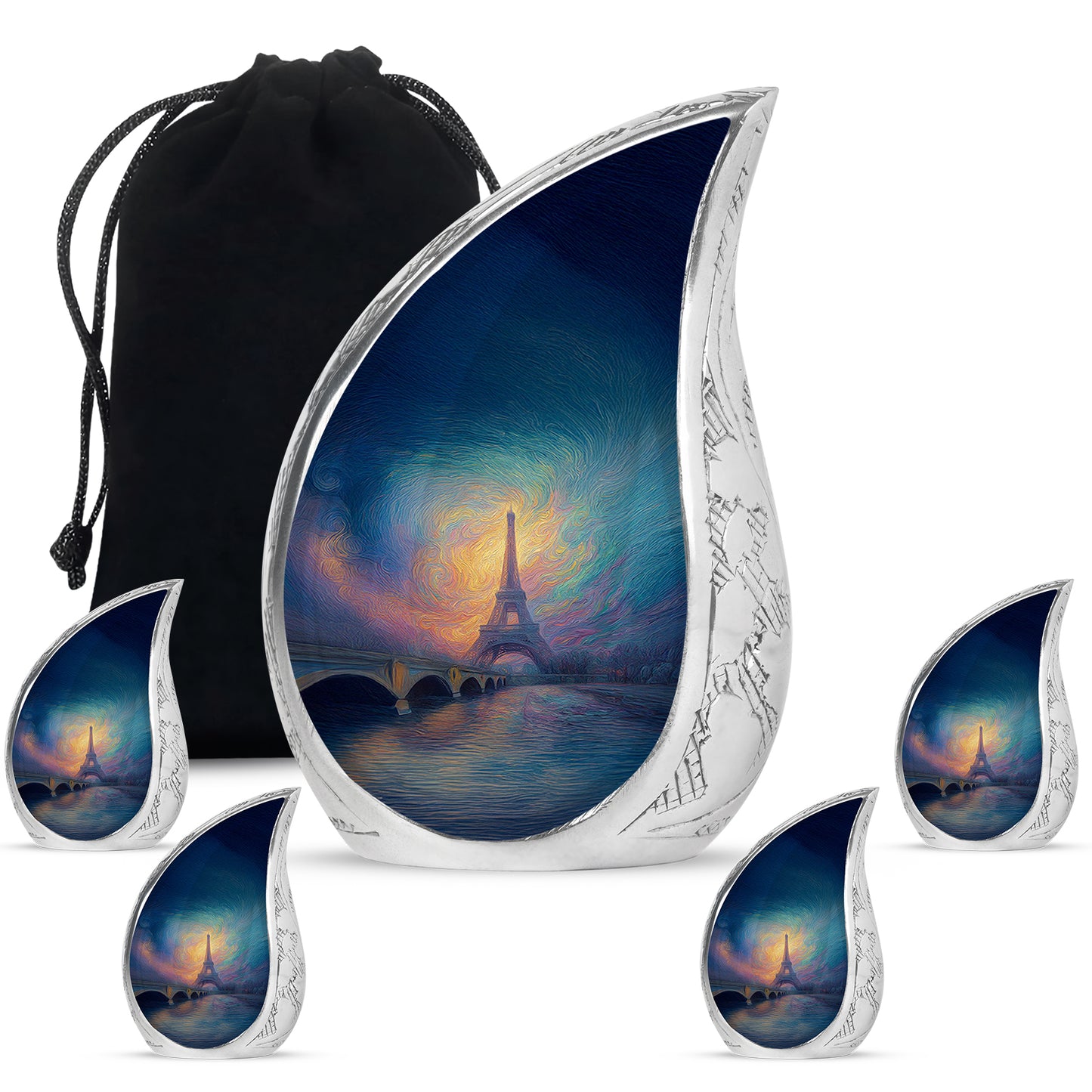 Powder Blue Eiffel Tower Cremation Urn side profile showing urn shape - rounded teardrop eiffel tower design with delicate detail - memorial set with one large and four small urns