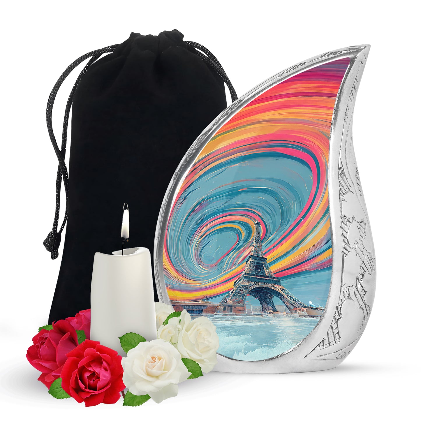 Cool Teal Eiffel Tower Cremation Urn front view showing detailed design - flowing teardrop eiffel tower silhouette on curved aluminum - full-size 10 inch 200 cubic inch adult cremation urn