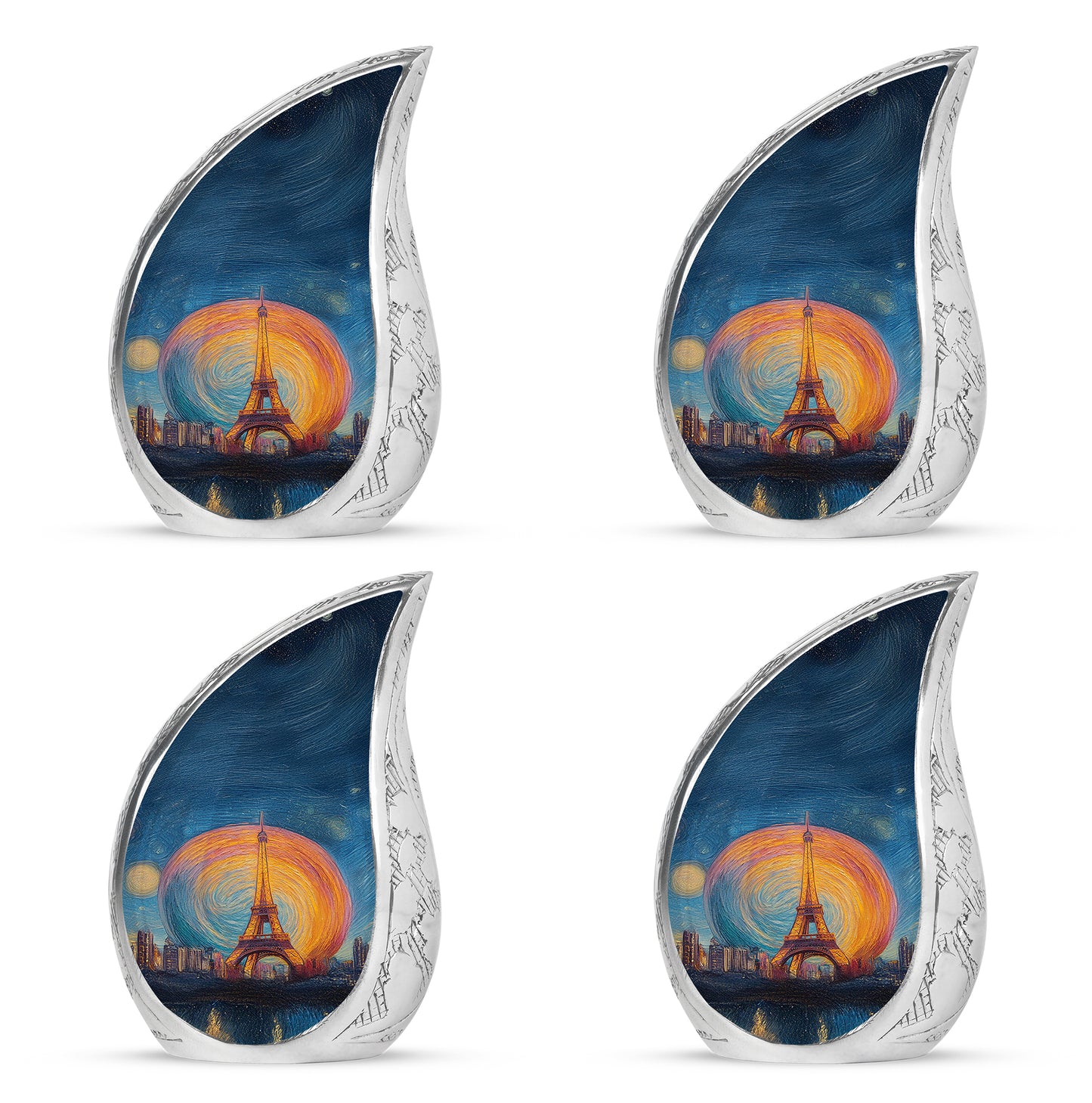 Steel Blue Eiffel Tower Cremation Urn close-up of engraving and surface detail - smooth teardrop contour featuring eiffel tower art - 10 inch aluminum urn for cremated remains