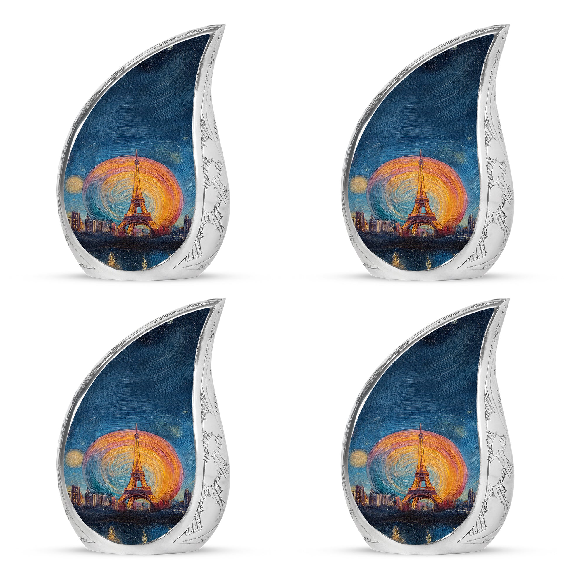 Steel Blue Eiffel Tower Cremation Urn close-up of engraving and surface detail - smooth teardrop contour featuring eiffel tower art - 10 inch aluminum urn for cremated remains