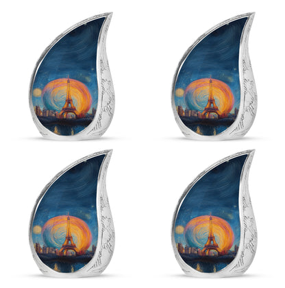 Steel Blue Eiffel Tower Cremation Urn close-up of engraving and surface detail - smooth teardrop contour featuring eiffel tower art - 10 inch aluminum urn for cremated remains