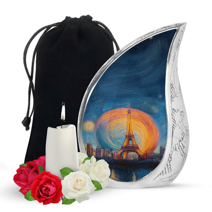 Steel Blue Eiffel Tower Cremation Urn front view showing detailed design - graceful tear-shaped urn with eiffel tower motif - full-size 10 inch 200 cubic inch adult cremation urn