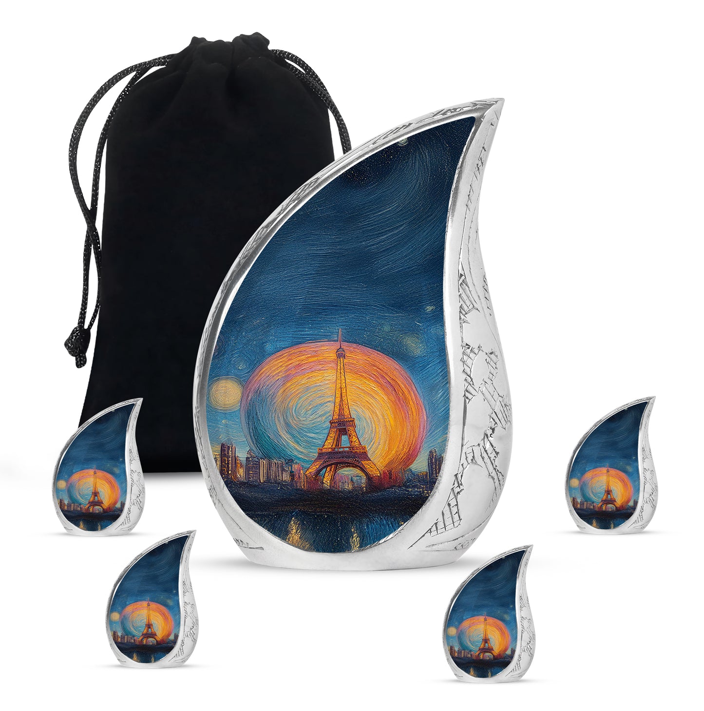Powder Blue Eiffel Tower Cremation Urn side profile showing urn shape - flowing teardrop eiffel tower silhouette on curved aluminum - memorial set with one large and four small urns