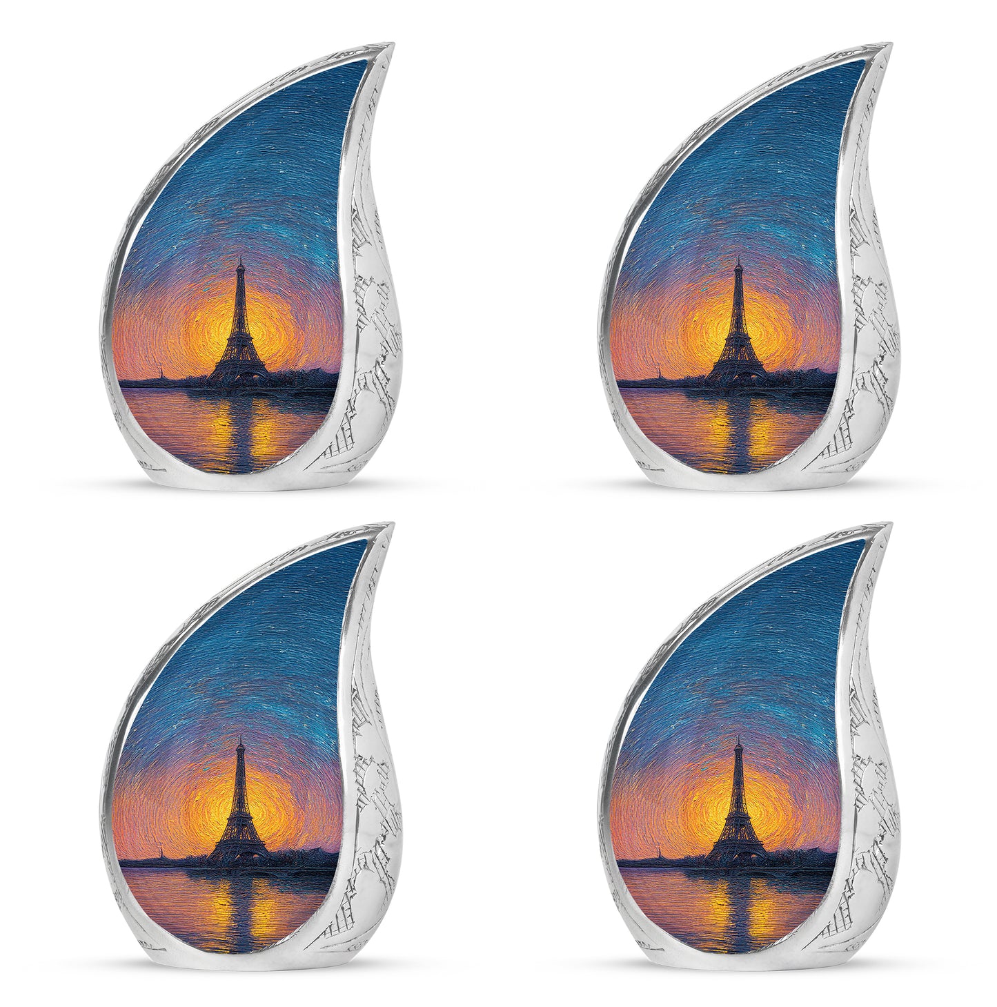 Icy Blue Eiffel Tower Cremation Urn close-up of engraving and surface detail - flowing teardrop eiffel tower silhouette on curved aluminum - 10 inch aluminum urn for cremated remains