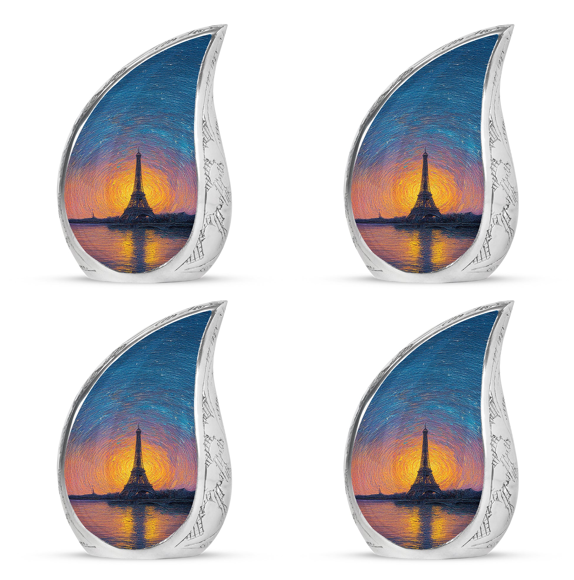 Icy Blue Eiffel Tower Cremation Urn close-up of engraving and surface detail - flowing teardrop eiffel tower silhouette on curved aluminum - 10 inch aluminum urn for cremated remains
