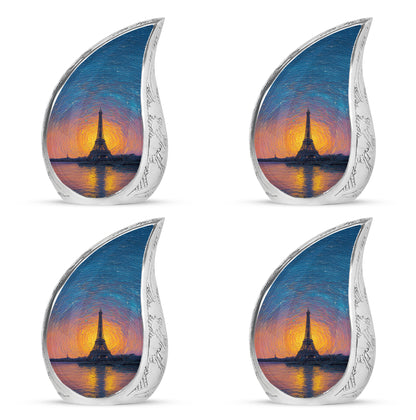 Icy Blue Eiffel Tower Cremation Urn close-up of engraving and surface detail - flowing teardrop eiffel tower silhouette on curved aluminum - 10 inch aluminum urn for cremated remains
