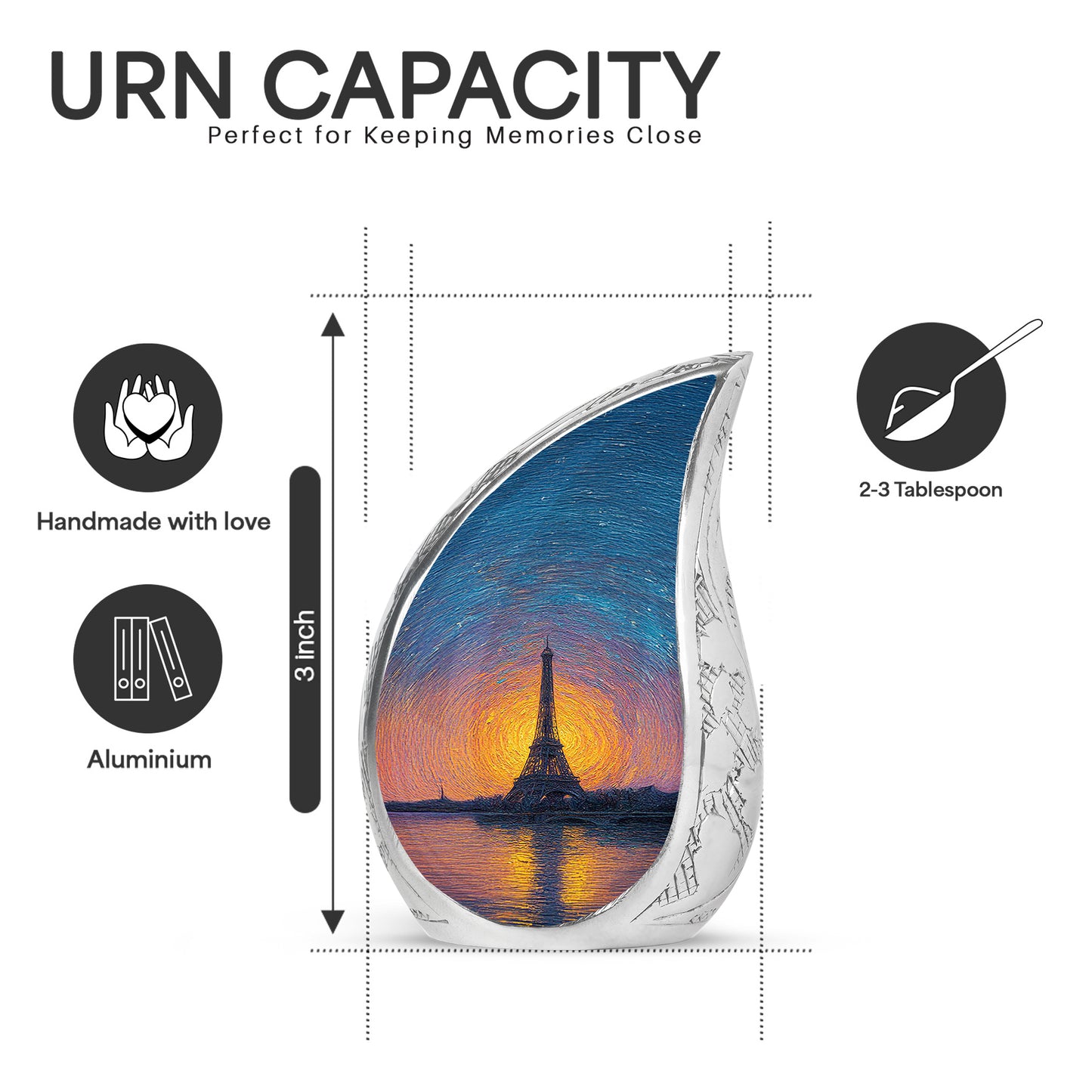 Icy Blue Eiffel Tower Cremation Urn angled view of lid and engraved motif - rounded teardrop eiffel tower design with delicate detail - mini keepsake memorial for portion of cremation ashes