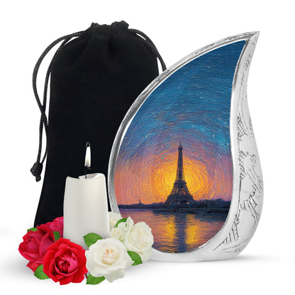 Cornflower Blue Eiffel Tower Cremation Urn front view showing detailed design - smooth teardrop contour featuring eiffel tower art - full-size 10 inch 200 cubic inch adult cremation urn