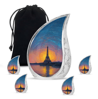 Slate Blue Eiffel Tower Cremation Urn side profile showing urn shape - rounded teardrop eiffel tower design with delicate detail - memorial set with one large and four small urns