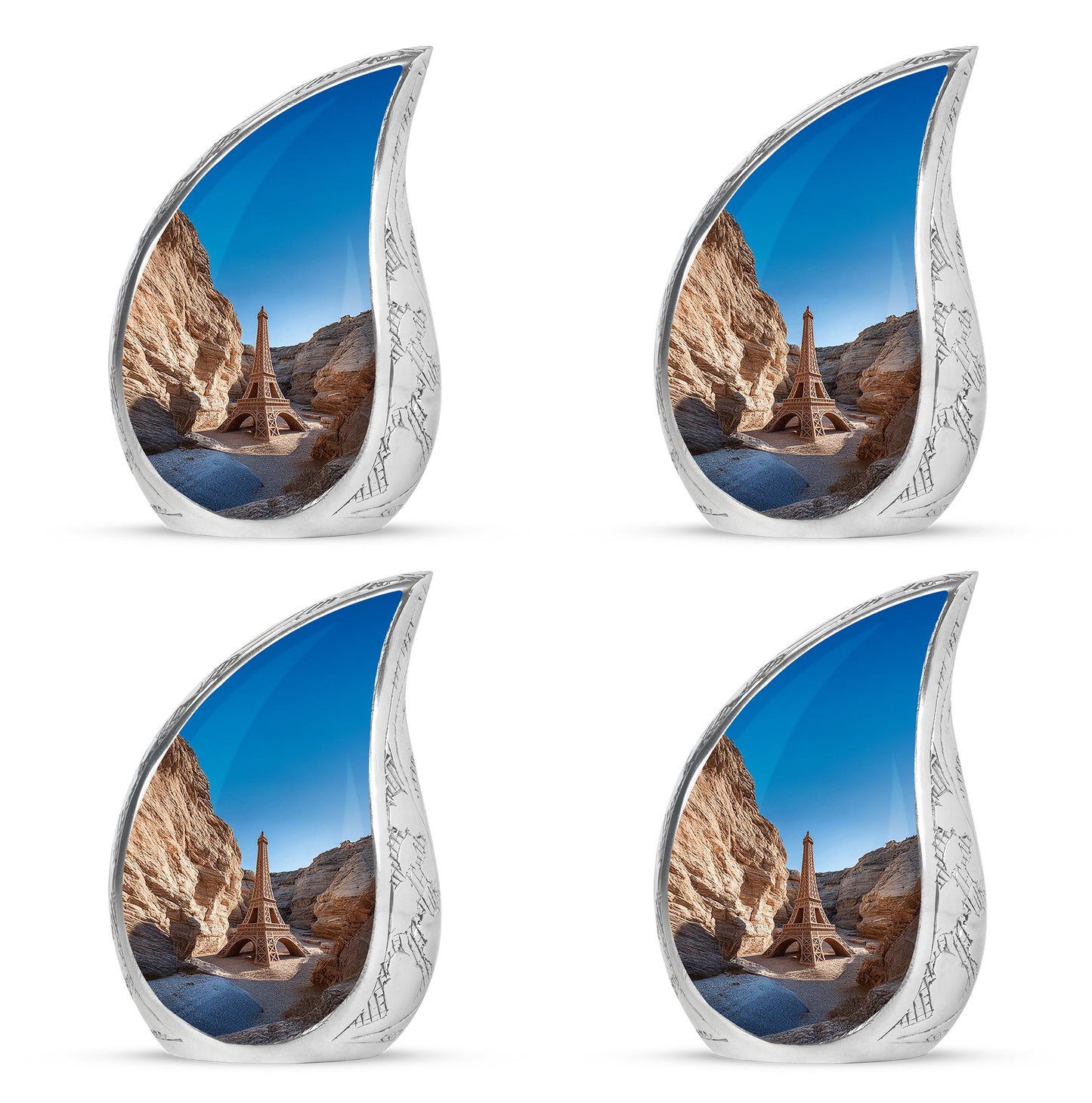 Slate Blue Eiffel Tower Cremation Urn close-up of engraving and surface detail - flowing teardrop eiffel tower silhouette on curved aluminum - 10 inch aluminum urn for cremated remains
