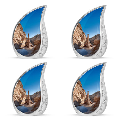 Slate Blue Eiffel Tower Cremation Urn close-up of engraving and surface detail - flowing teardrop eiffel tower silhouette on curved aluminum - 10 inch aluminum urn for cremated remains