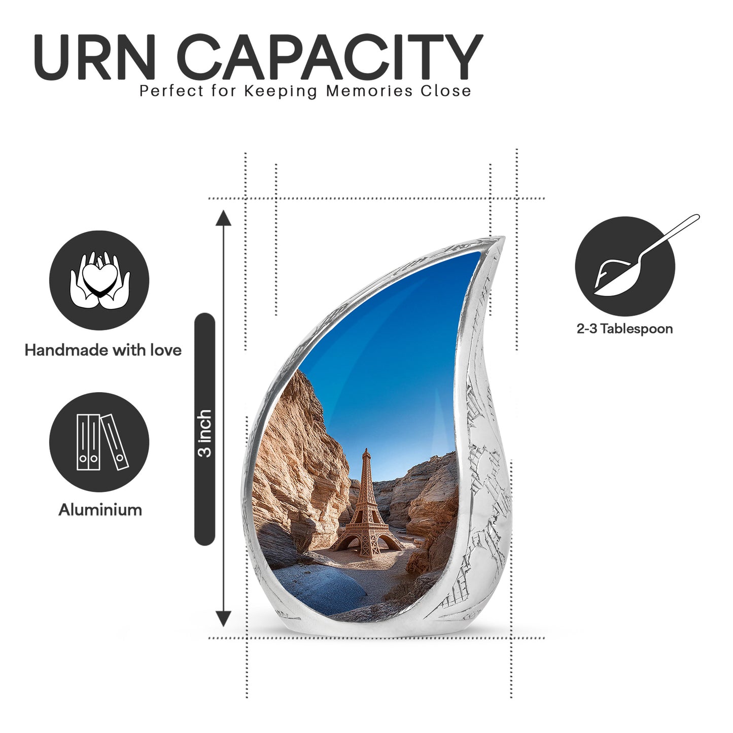 Icy Blue Eiffel Tower Cremation Urn angled view of lid and engraved motif - flowing teardrop eiffel tower silhouette on curved aluminum - mini keepsake memorial for portion of cremation ashes
