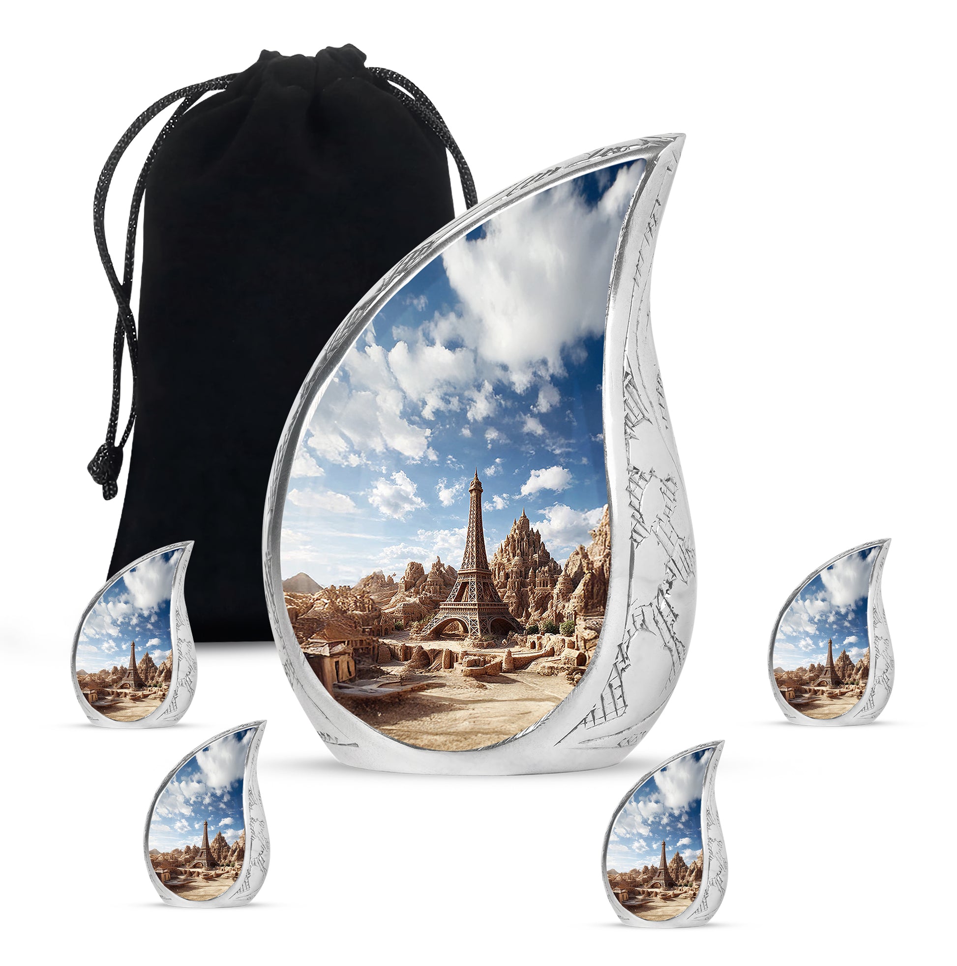 Twilight Blue Eiffel Tower Cremation Urn side profile showing urn shape - smooth teardrop contour featuring eiffel tower art - memorial set with one large and four small urns