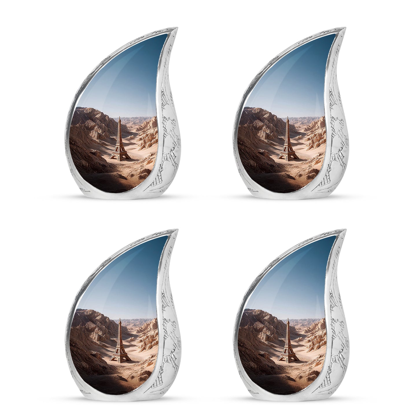 Sterling Silver Eiffel Tower Cremation Urn close-up of engraving and surface detail - rounded teardrop eiffel tower design with delicate detail - 10 inch aluminum urn for cremated remains