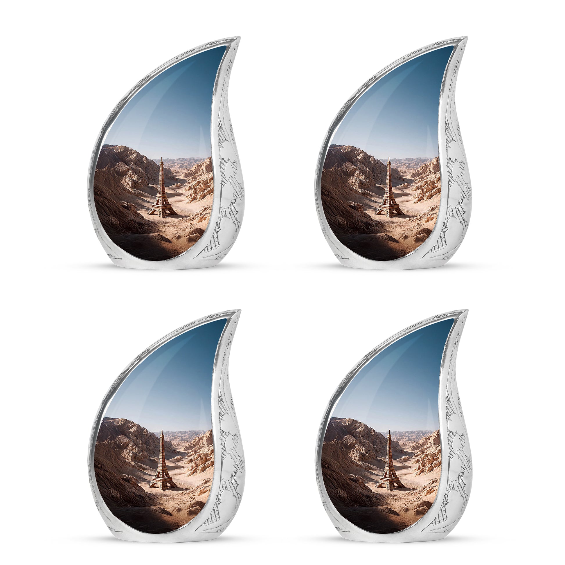 Sterling Silver Eiffel Tower Cremation Urn close-up of engraving and surface detail - rounded teardrop eiffel tower design with delicate detail - 10 inch aluminum urn for cremated remains