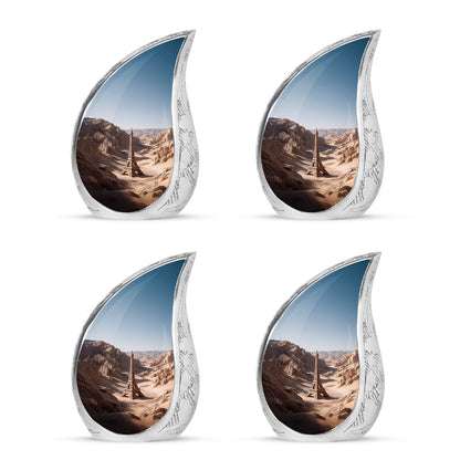 Sterling Silver Eiffel Tower Cremation Urn close-up of engraving and surface detail - rounded teardrop eiffel tower design with delicate detail - 10 inch aluminum urn for cremated remains