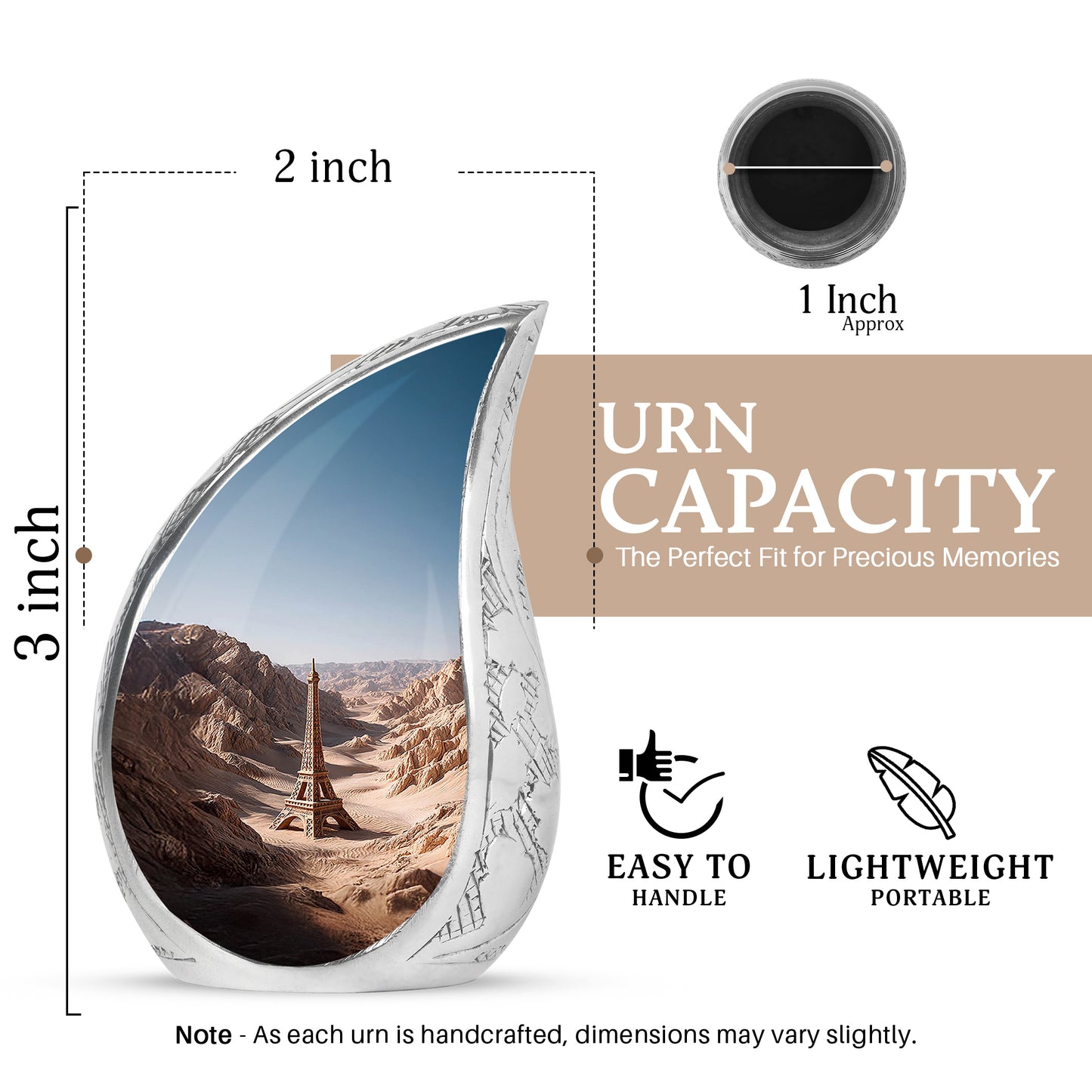 Chrome Silver Eiffel Tower Cremation Urn angled view of lid and engraved motif - graceful tear-shaped urn with eiffel tower motif - mini keepsake memorial for portion of cremation ashes