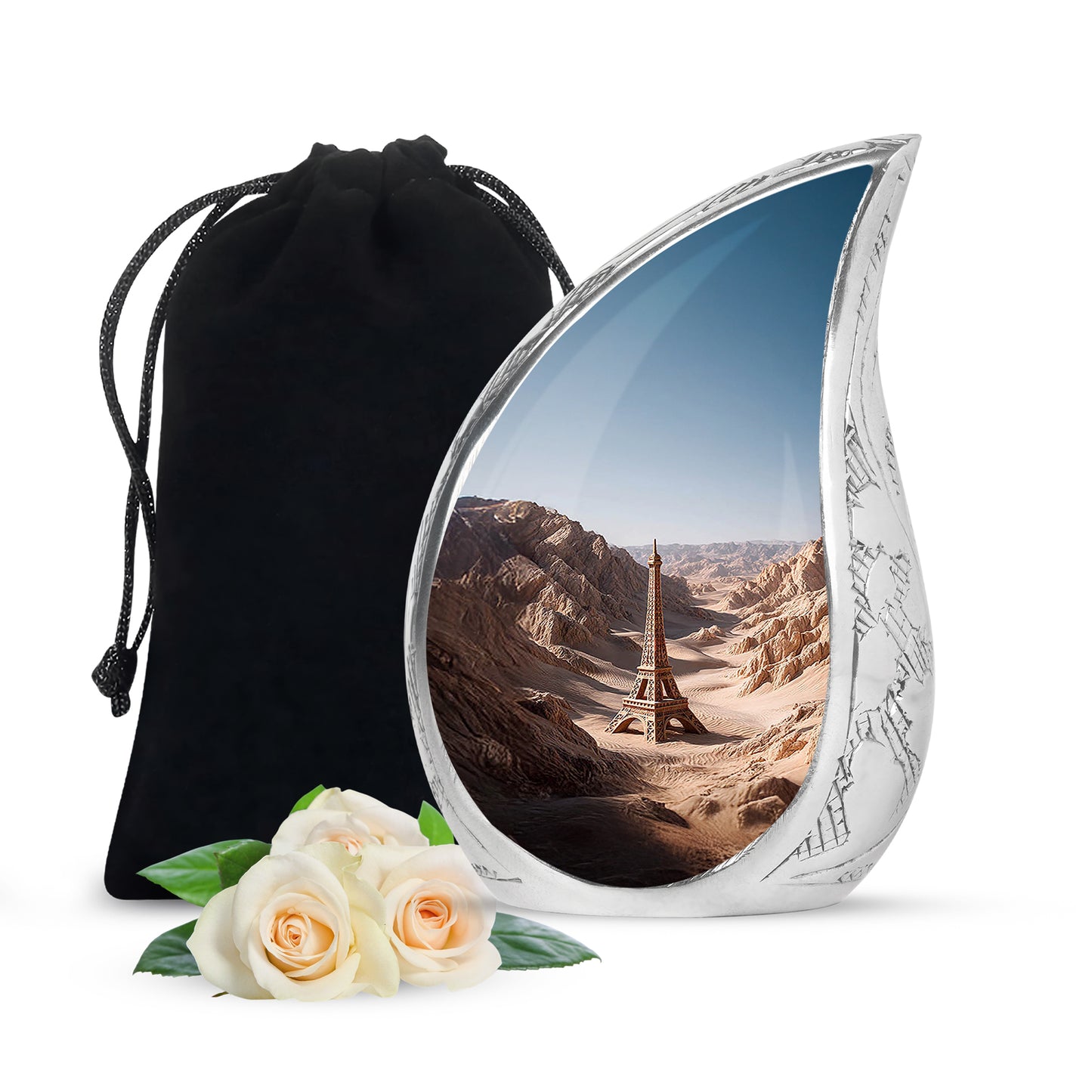 Sterling Silver Eiffel Tower Cremation Urn front view showing detailed design - flowing teardrop eiffel tower silhouette on curved aluminum - full-size 10 inch 200 cubic inch adult cremation urn