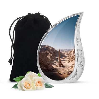 Sterling Silver Eiffel Tower Cremation Urn front view showing detailed design - flowing teardrop eiffel tower silhouette on curved aluminum - full-size 10 inch 200 cubic inch adult cremation urn