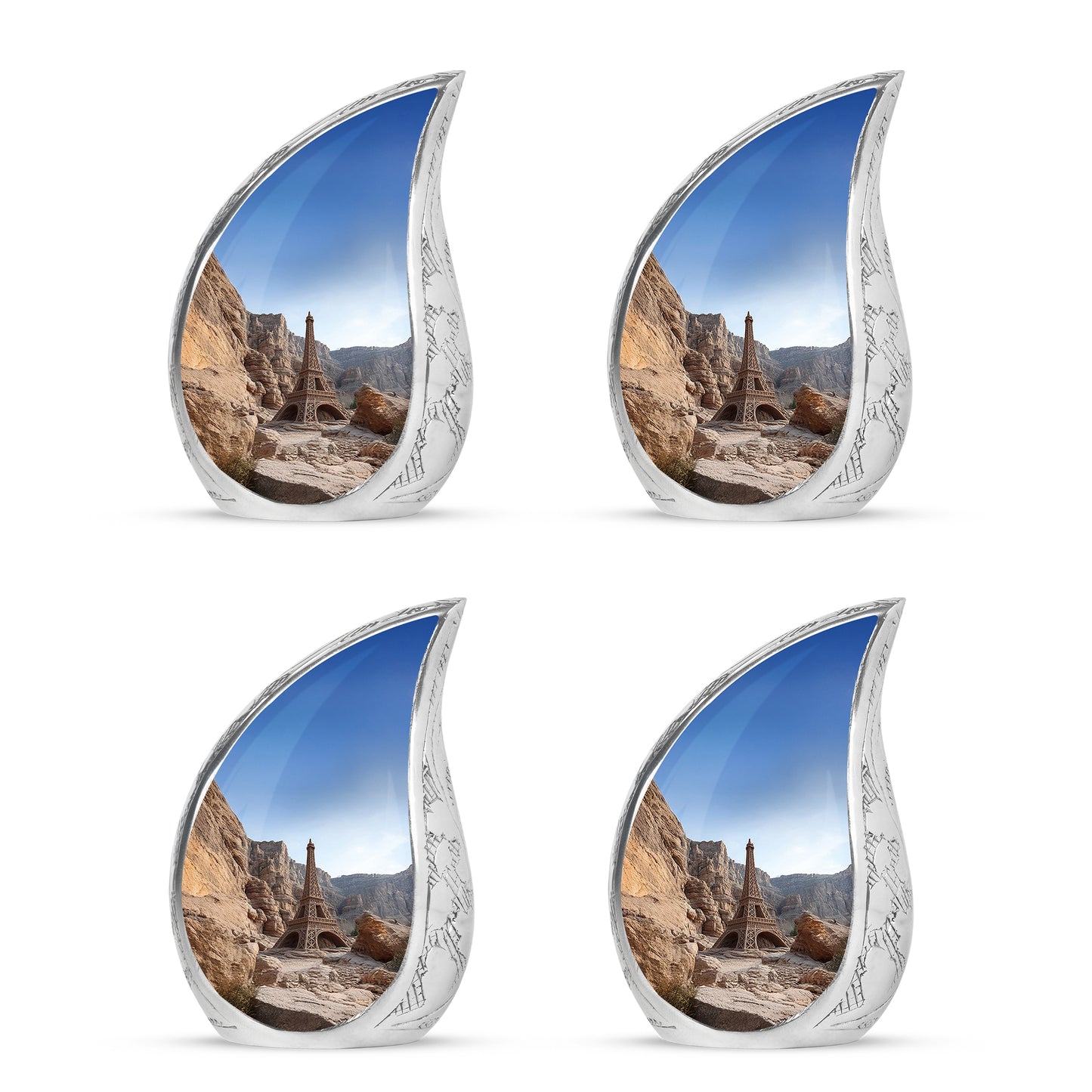 Sky Blue Eiffel Tower Cremation Urn close-up of engraving and surface detail - rounded teardrop eiffel tower design with delicate detail - 10 inch aluminum urn for cremated remains